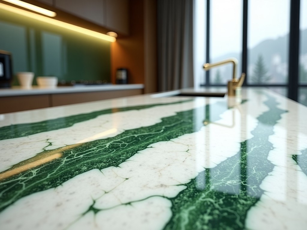 China Quartz Countertops With Green Veins